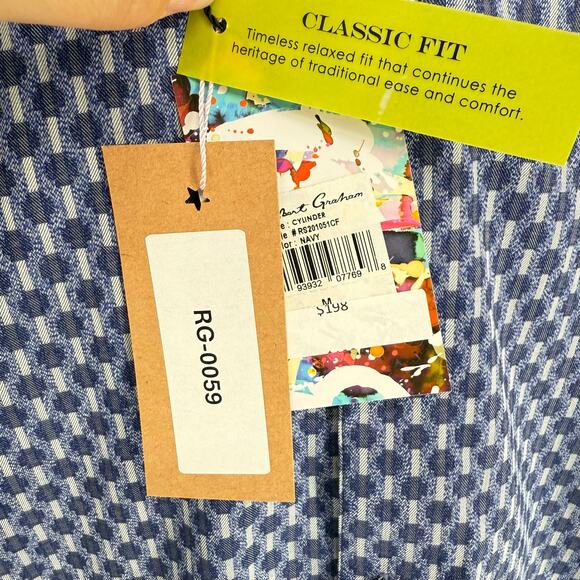 Robert Graham Woven Button Front Long Sleeve Shirt Navy Blue Geometric M - Picture 3 of 9